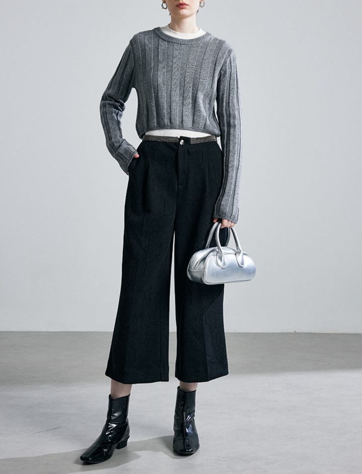 high-waist wide-leg cropped trousers with subtle jacquard texture – ELISE