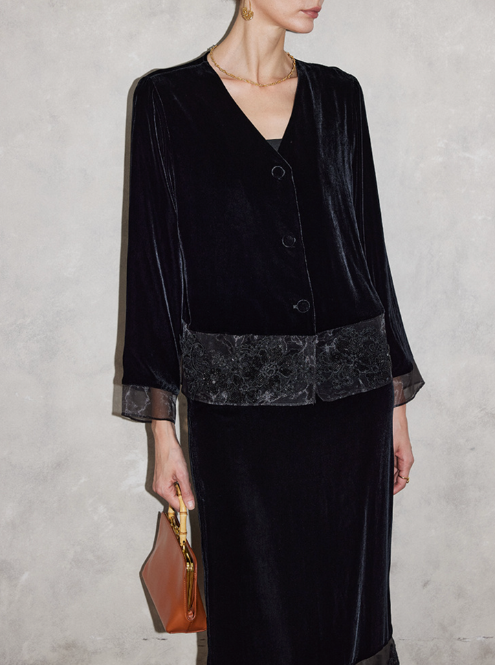 velvet button-front jacket with sheer lace hem – SUMMR