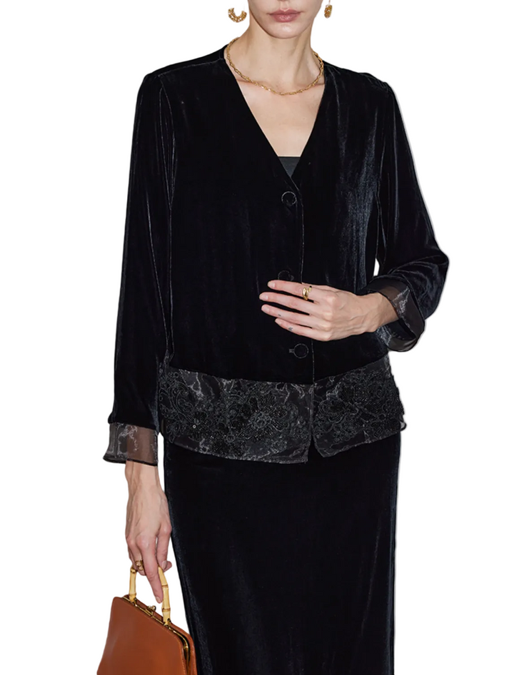 velvet button-front jacket with sheer lace hem – SUMMR