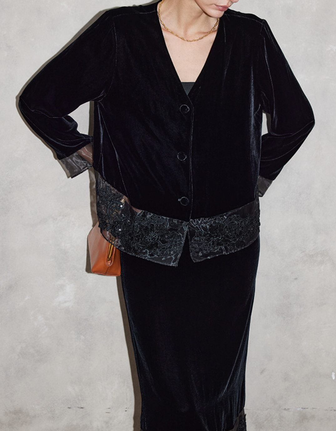 velvet button-front jacket with sheer lace hem – SUMMR