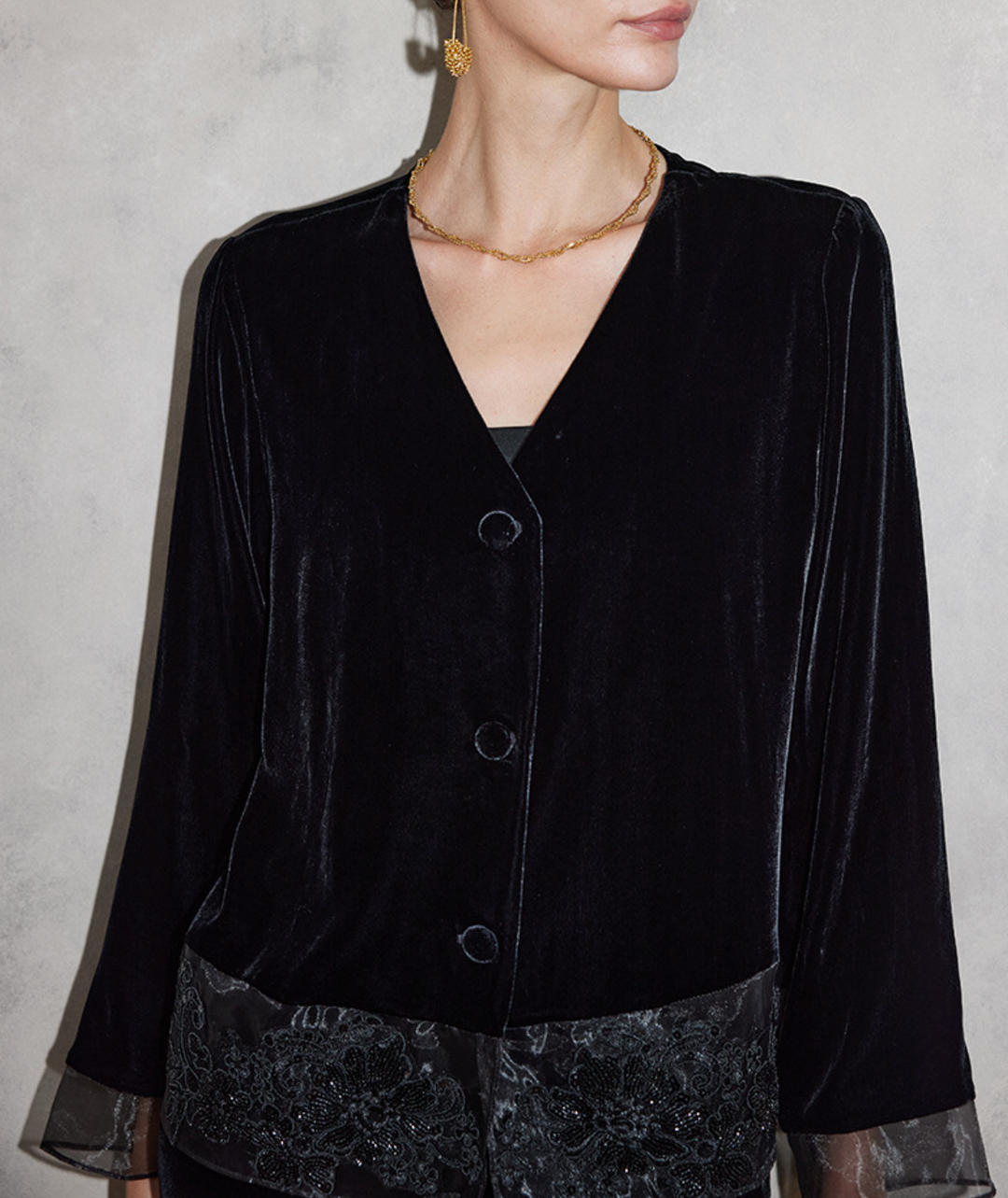 velvet button-front jacket with sheer lace hem – SUMMR