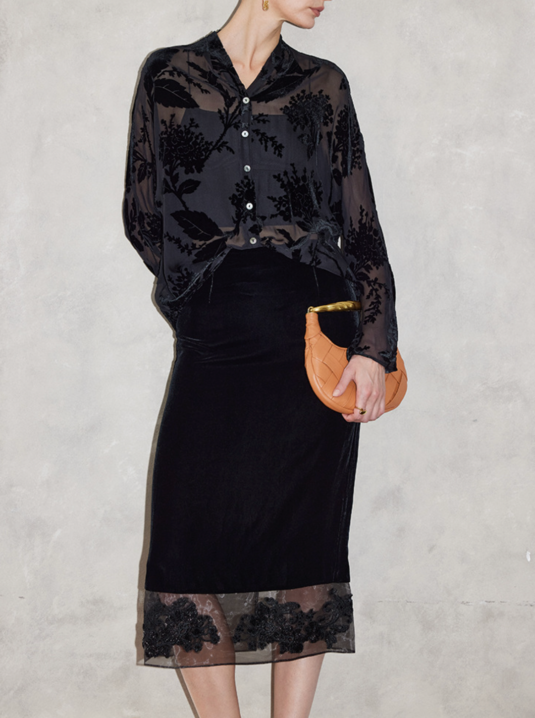 velvet midi skirt with sheer lace hem – HAYTHAM