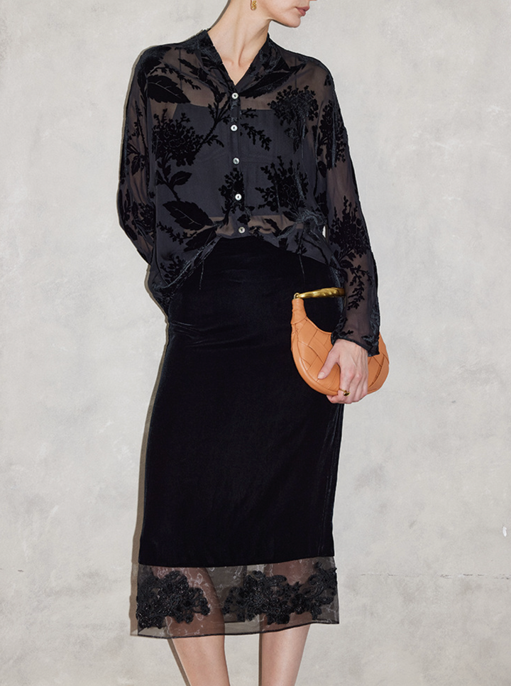velvet midi skirt with sheer lace hem – HAYTHAM