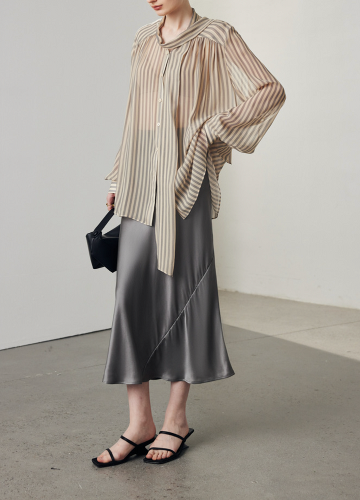 sheer striped blouse with tie-neck bow – VELORA