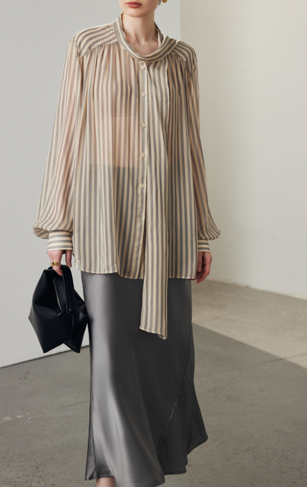 sheer striped blouse with tie-neck bow – VELORA