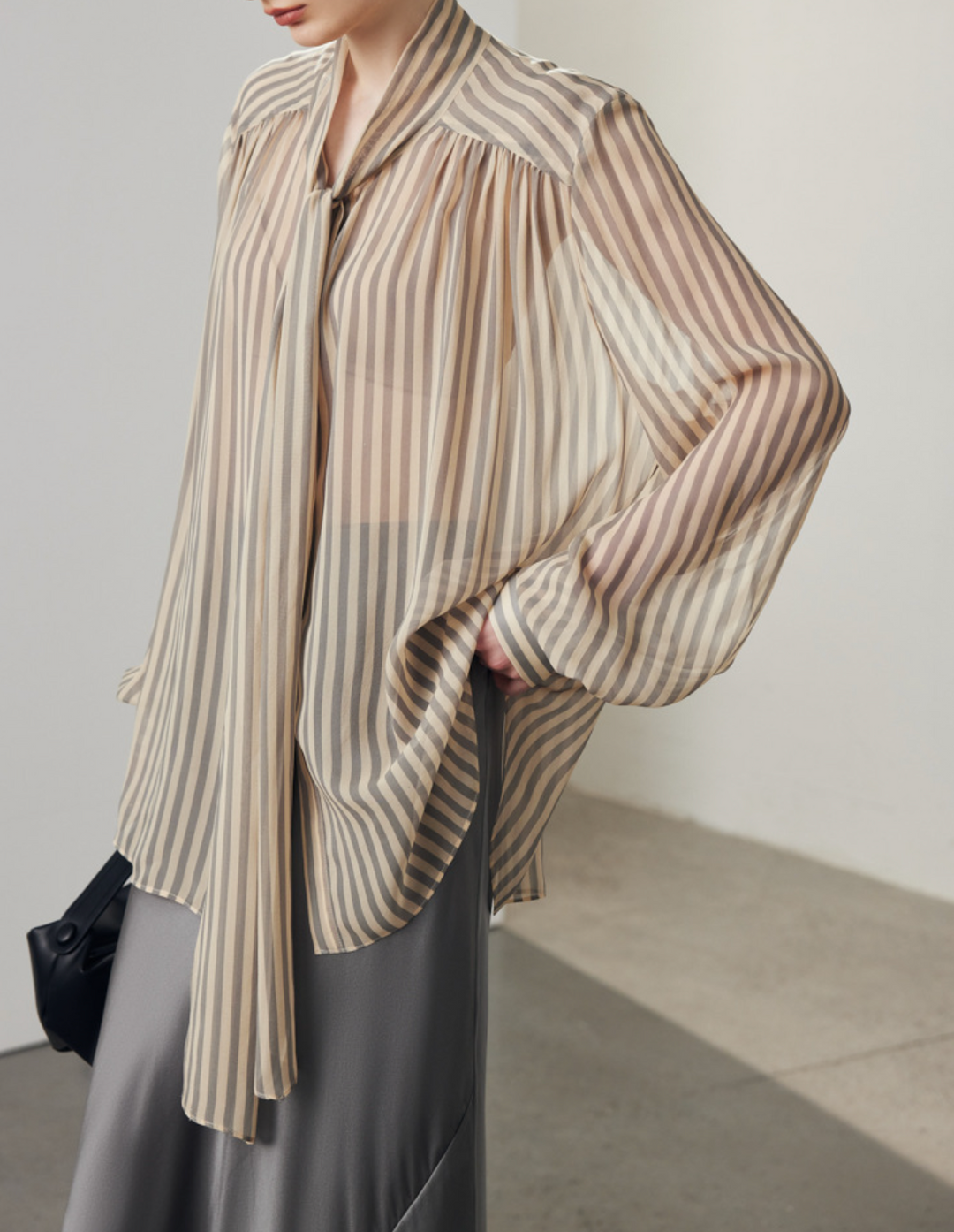 sheer striped blouse with tie-neck bow – VELORA