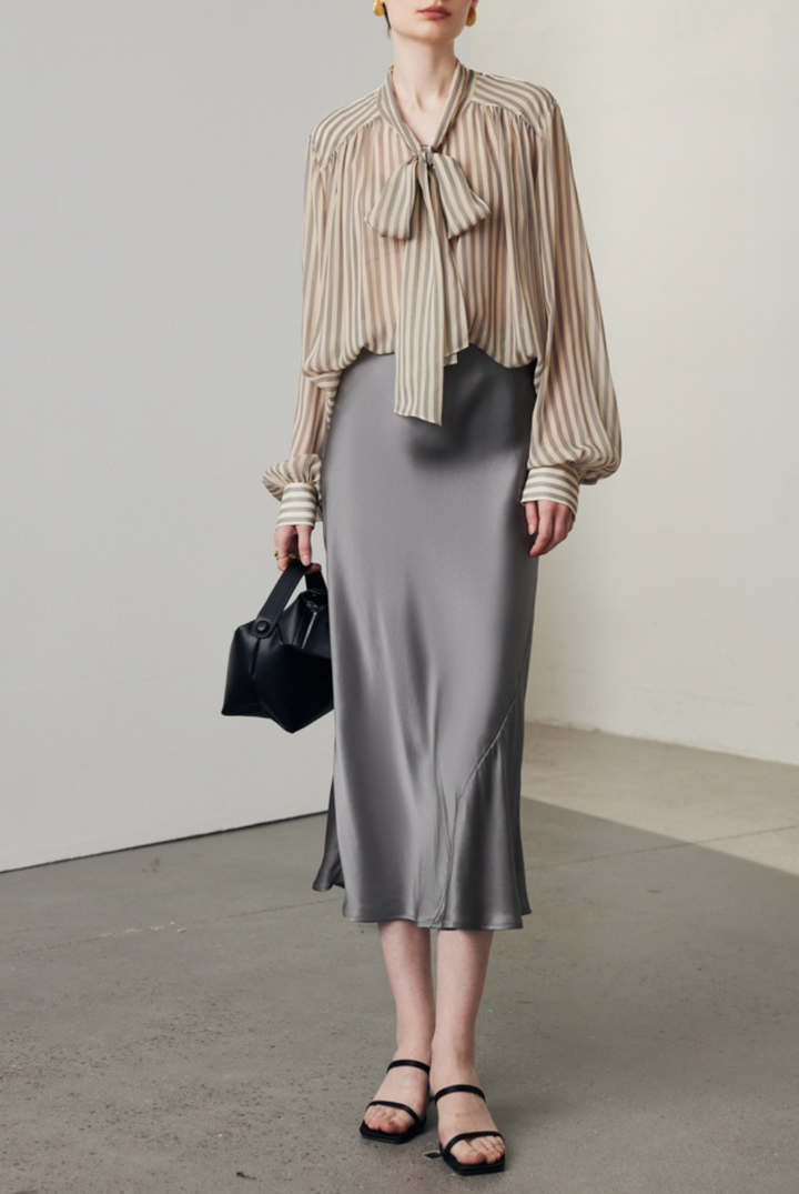 sheer striped blouse with tie-neck bow – VELORA