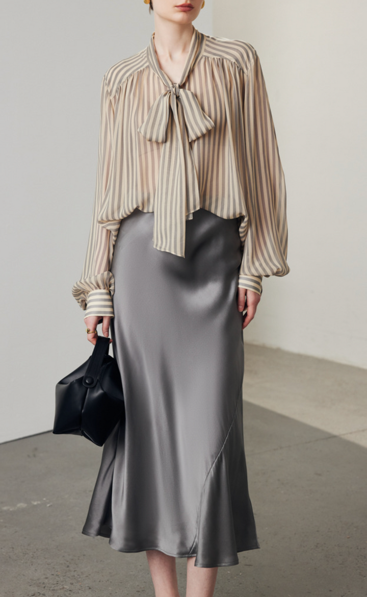 sheer striped blouse with tie-neck bow – VELORA