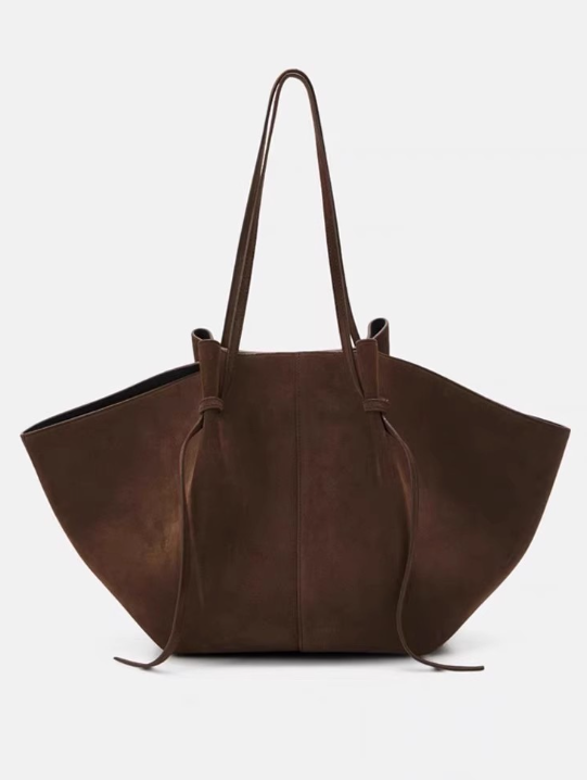 suede winged tote bag with adjustable drawstring straps – SERENA