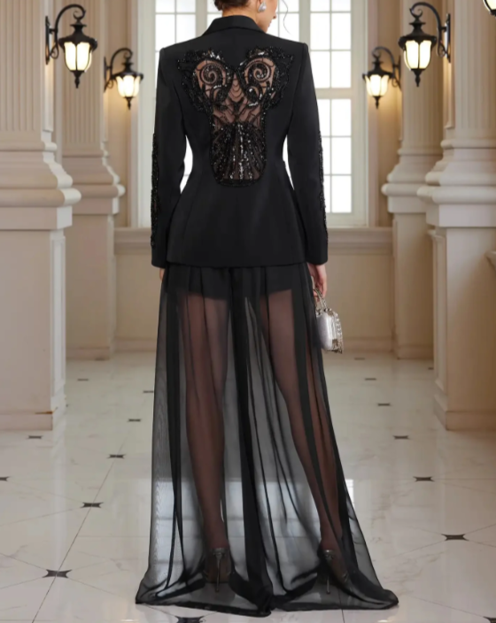 tailored deep-V blazer with embellished lace panels – MIDNIGHT