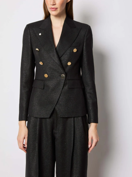 textured double-breasted blazer with gold crest buttons – EMPRESS