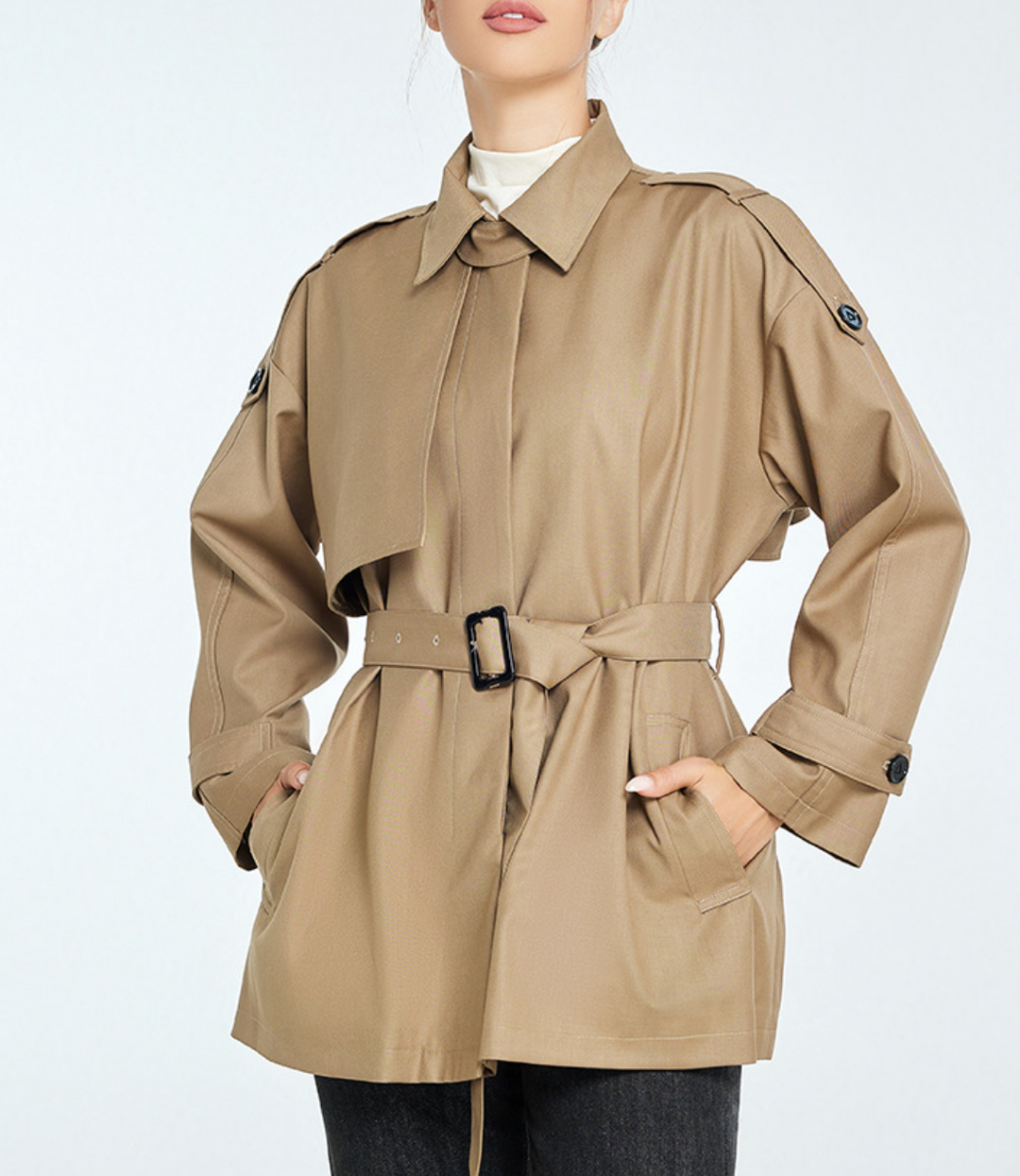 belted trench-style jacket with shoulder tabs – HAVEN