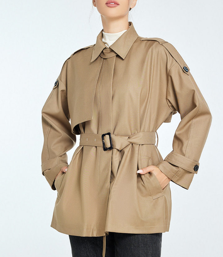 belted trench-style jacket with shoulder tabs – HAVEN