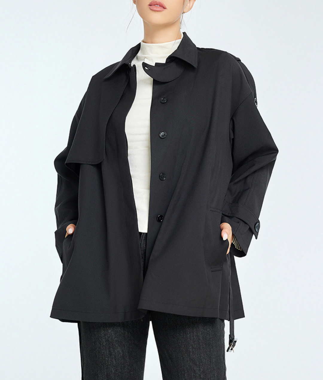 belted trench-style jacket with shoulder tabs – HAVEN