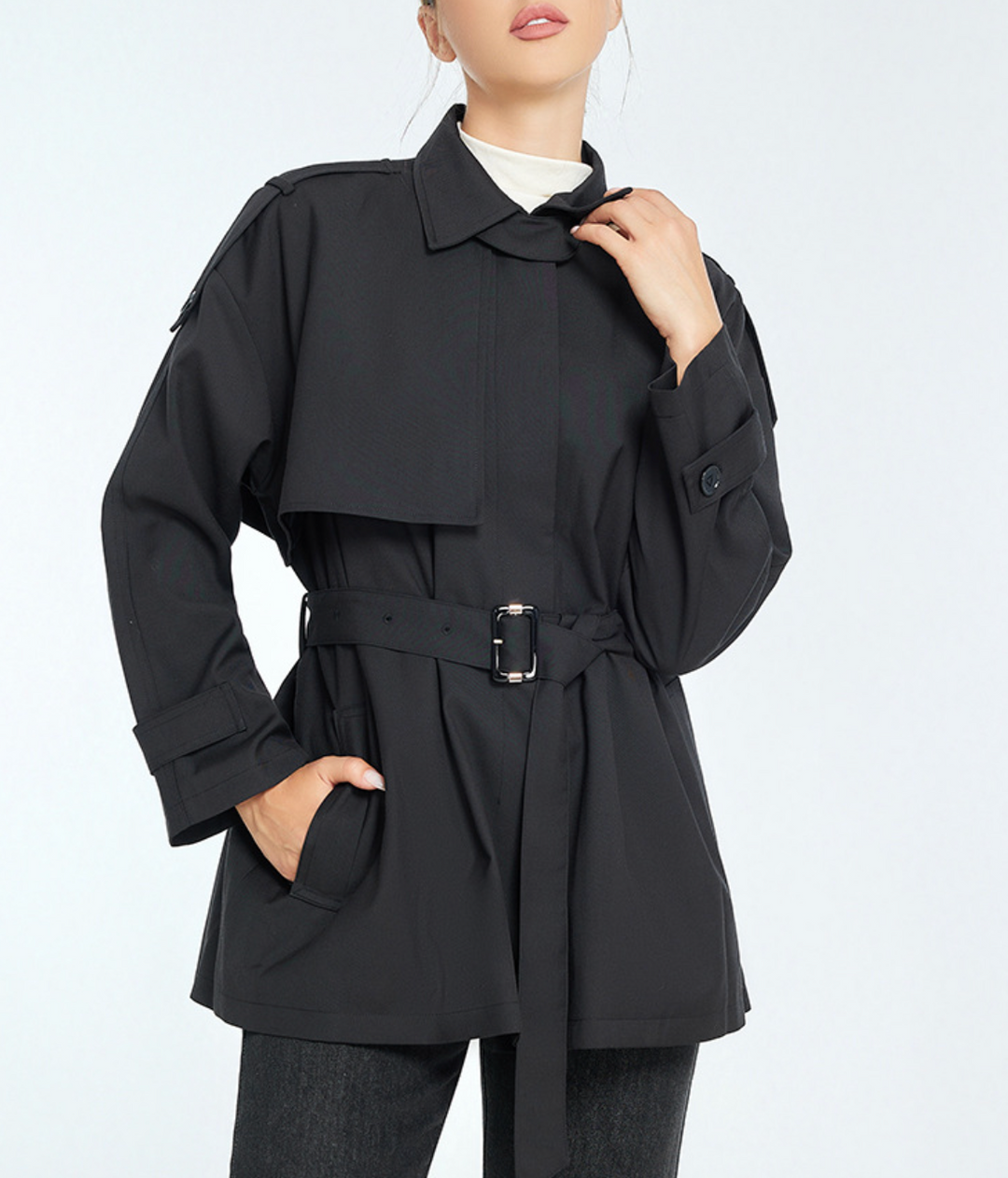 belted trench-style jacket with shoulder tabs – HAVEN