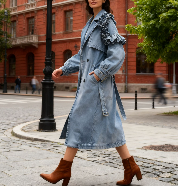 جاكيت ترنش من الدنيم مكشكش بخصر مربوط بحزام - إيلارا