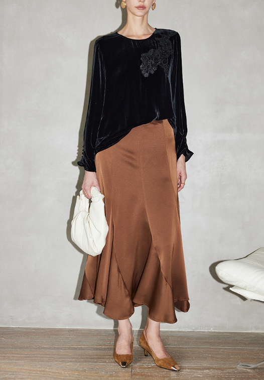 velvet long-sleeve blouse with lace appliqué – SIDNE