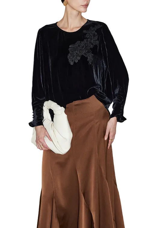 velvet long-sleeve blouse with lace appliqué – SIDNE