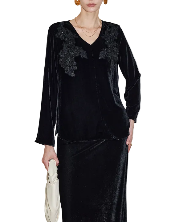 velvet V-neck blouse with floral lace panels – SILYAN