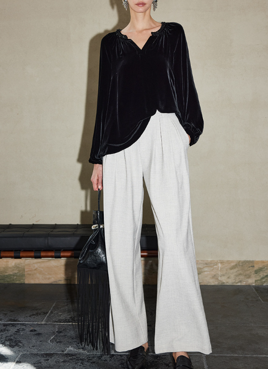 velvet split-neck blouse with gathered cuffs – SILYAN