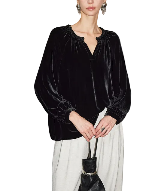 velvet split-neck blouse with gathered cuffs – SILYAN
