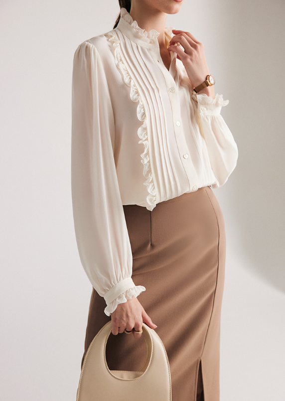 pleated ruffle-trim blouse with stand collar – DADEL