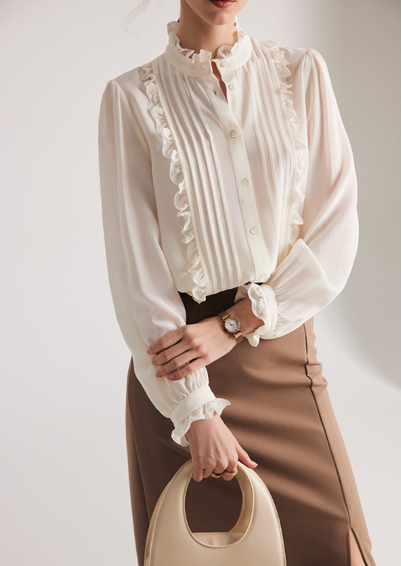 pleated ruffle-trim blouse with stand collar – DADEL