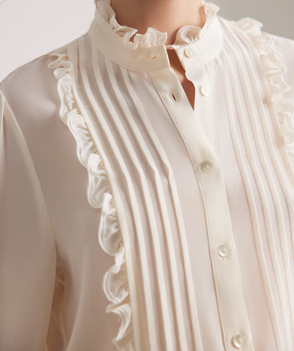 pleated ruffle-trim blouse with stand collar – DADEL