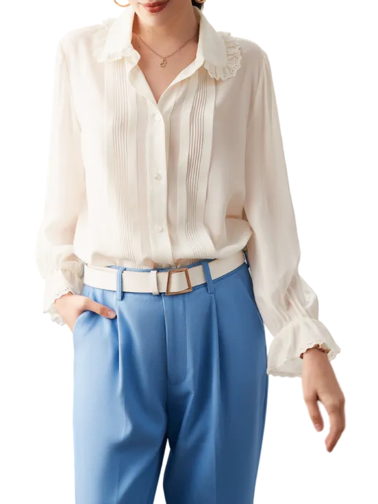 pleated chiffon blouse with lace-trim collar – WELSA