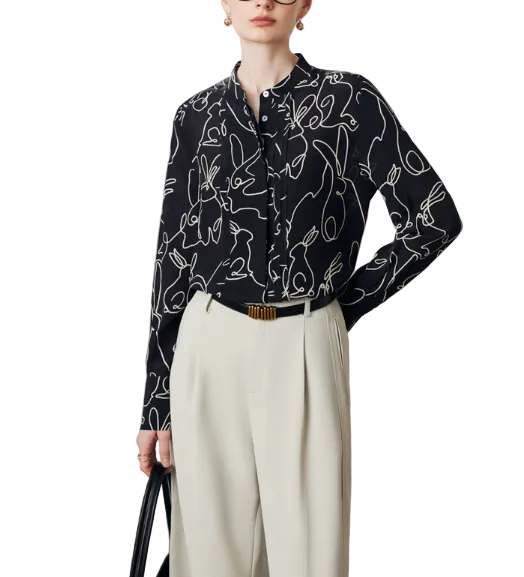 abstract line-print blouse with stand collar – FALIE