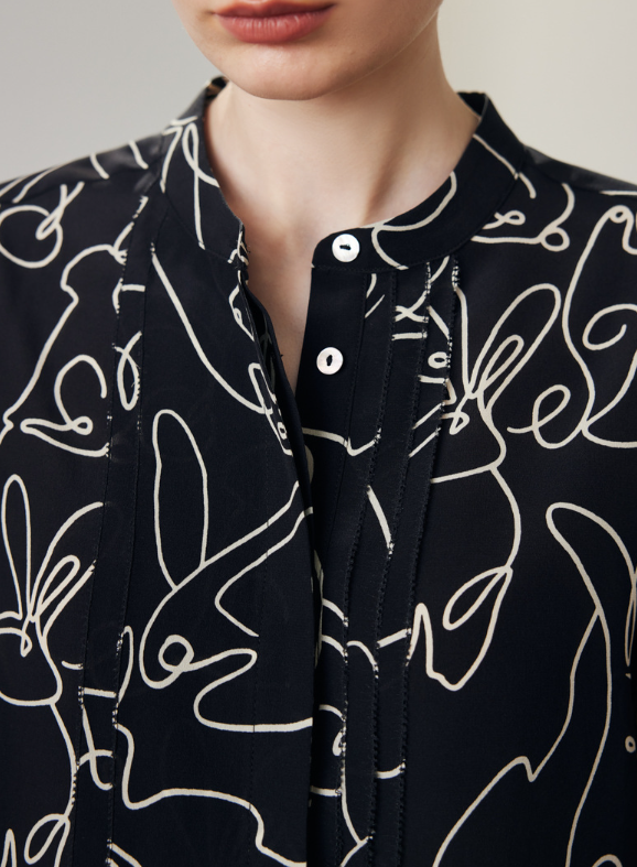 abstract line-print blouse with stand collar – FALIE