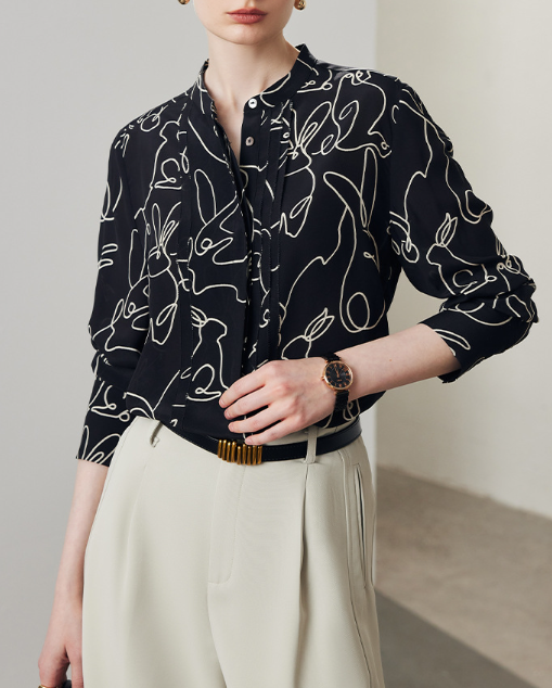 abstract line-print blouse with stand collar – FALIE