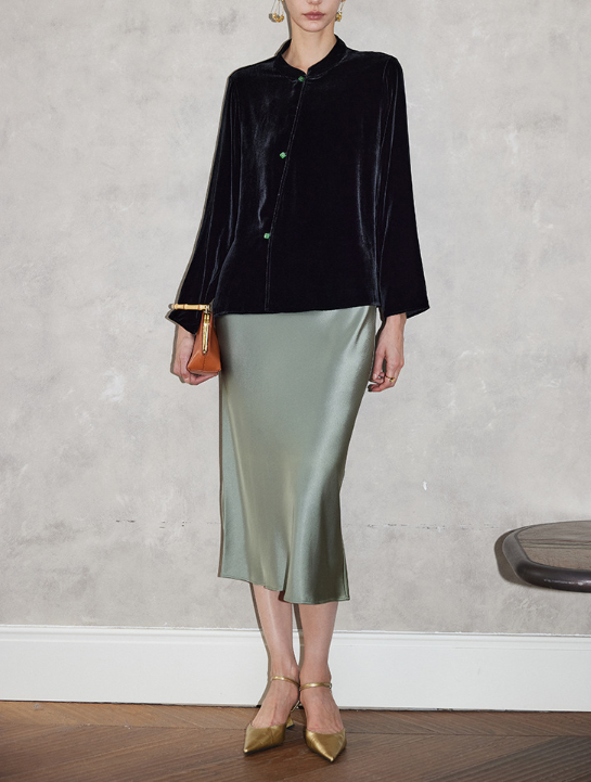 velvet collarless blouse with jewel buttons – DDILA