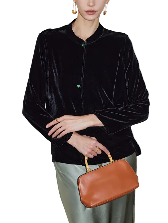 velvet collarless blouse with jewel buttons – DDILA