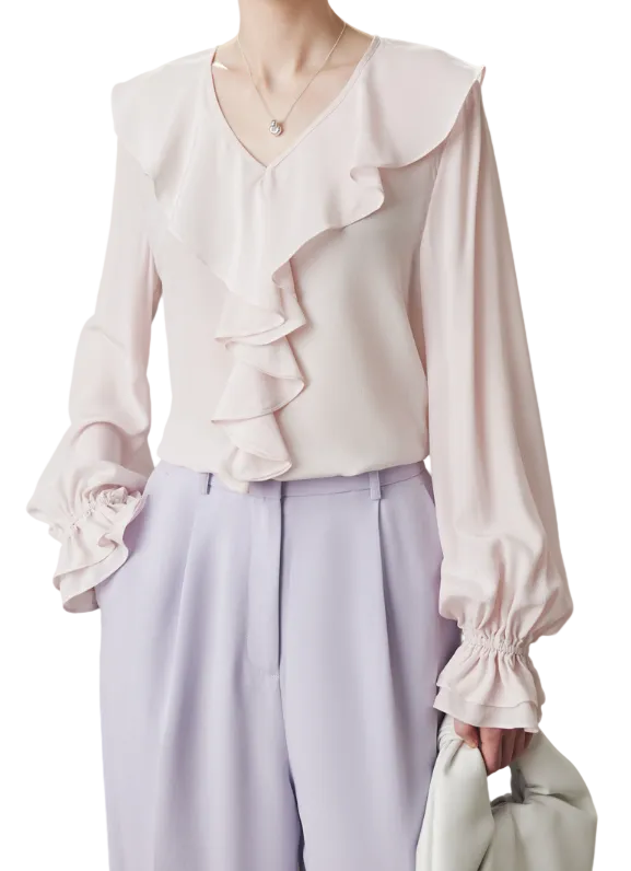 ruffled V-neck blouse with gathered cuffs – ELISAH