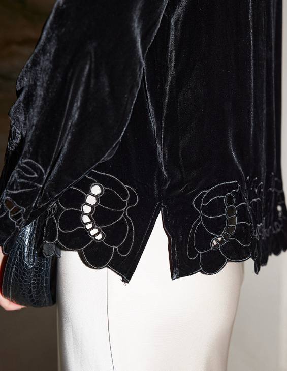 velvet long-sleeve blouse with embroidered scalloped hem – QOLEE