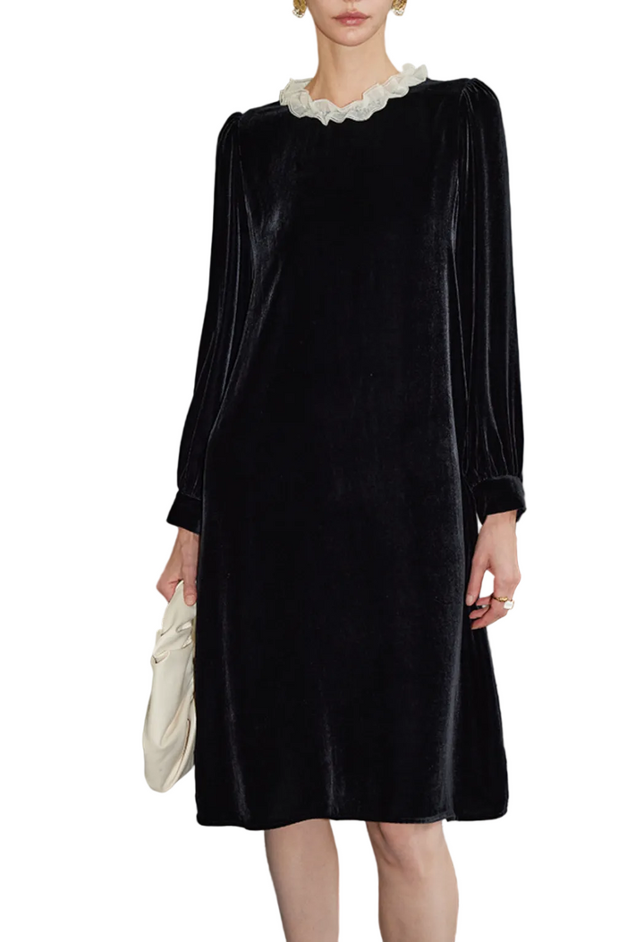Velvet Midi Dress with Ruffled Neckline – WALLEED
