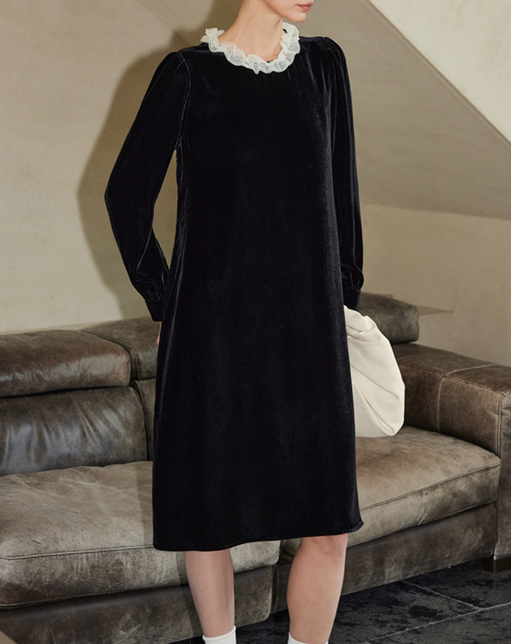 Velvet Midi Dress with Ruffled Neckline – WALLEED