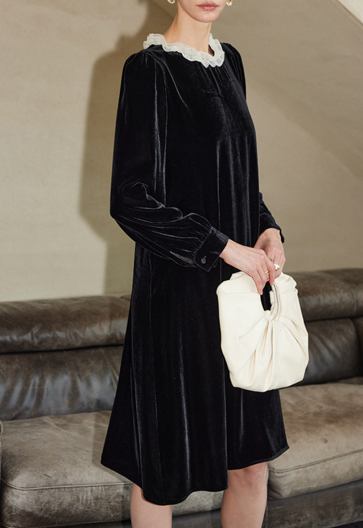Velvet Midi Dress with Ruffled Neckline – WALLEED