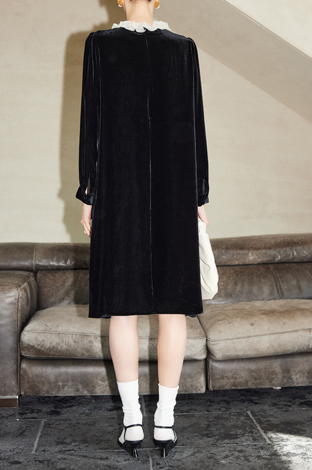 Velvet Midi Dress with Ruffled Neckline – WALLEED