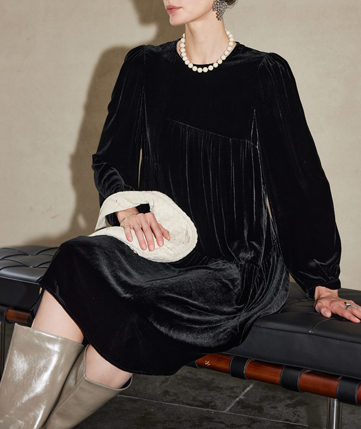 Pleated Velvet Midi Dress with Long Sleeves – RAHMA