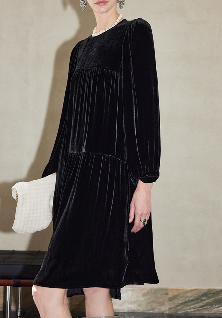 Pleated Velvet Midi Dress with Long Sleeves – RAHMA