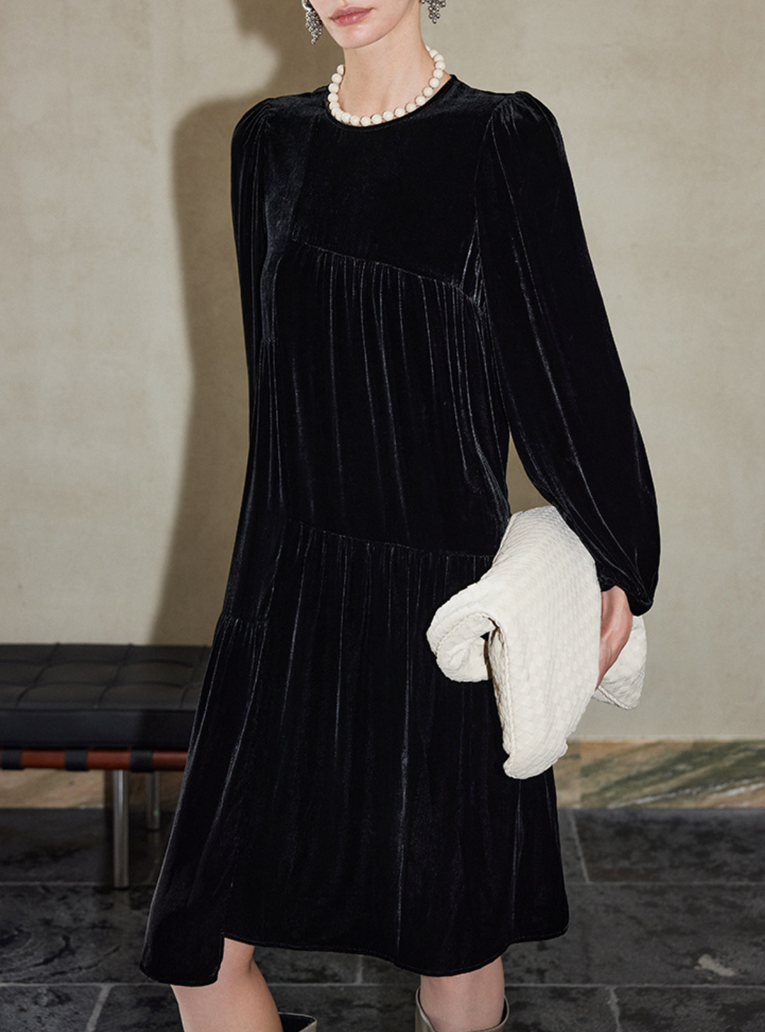 Pleated Velvet Midi Dress with Long Sleeves – RAHMA