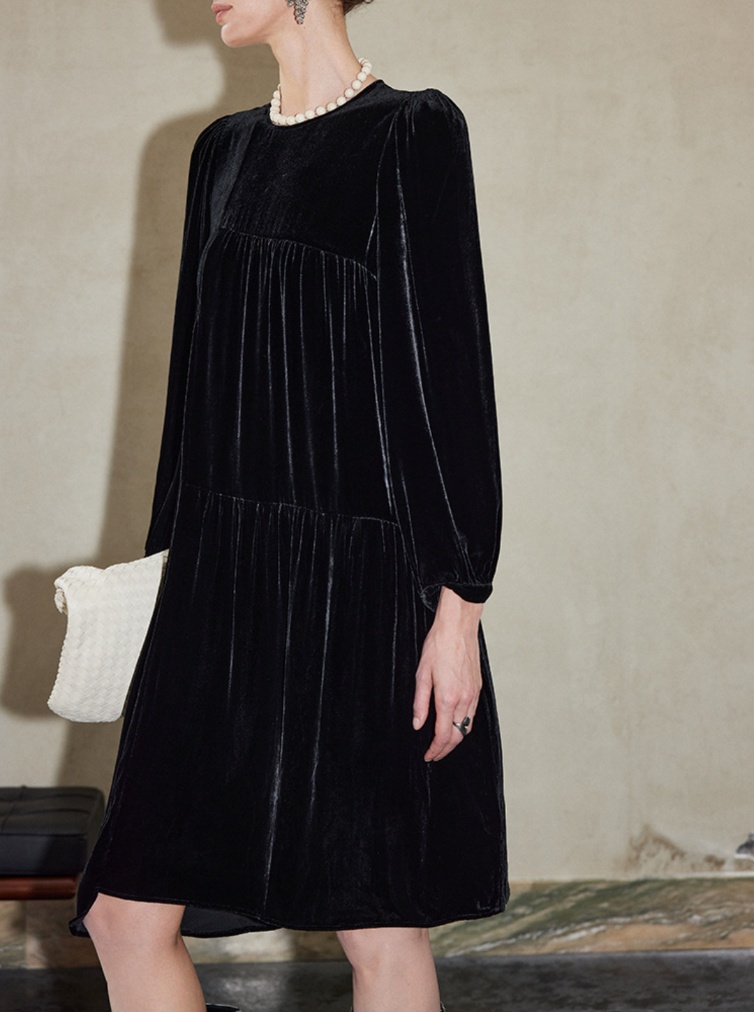Pleated Velvet Midi Dress with Long Sleeves – RAHMA