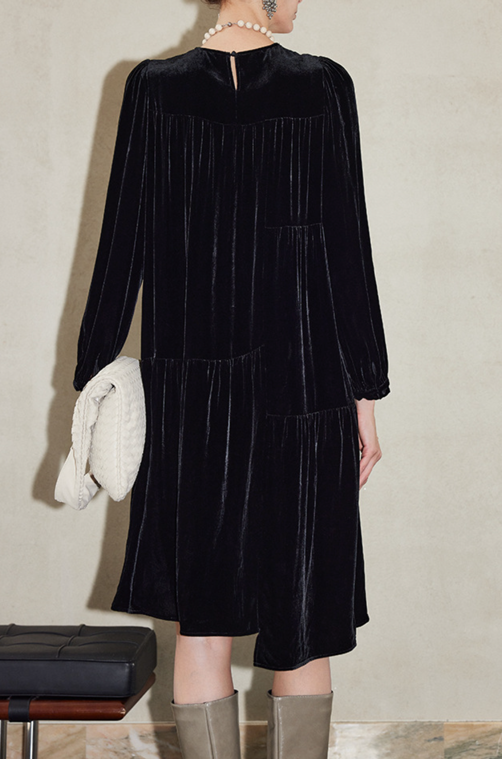 Pleated Velvet Midi Dress with Long Sleeves – RAHMA
