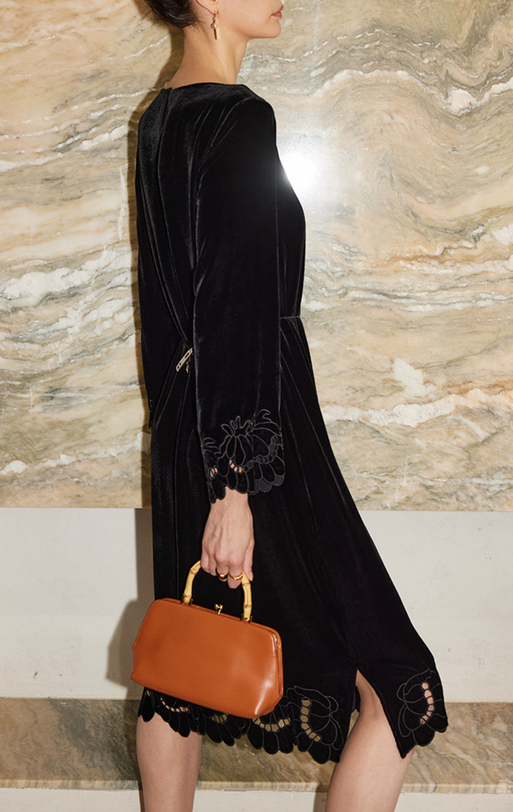 Velvet Midi Dress with Embroidered Hem – GAMAL