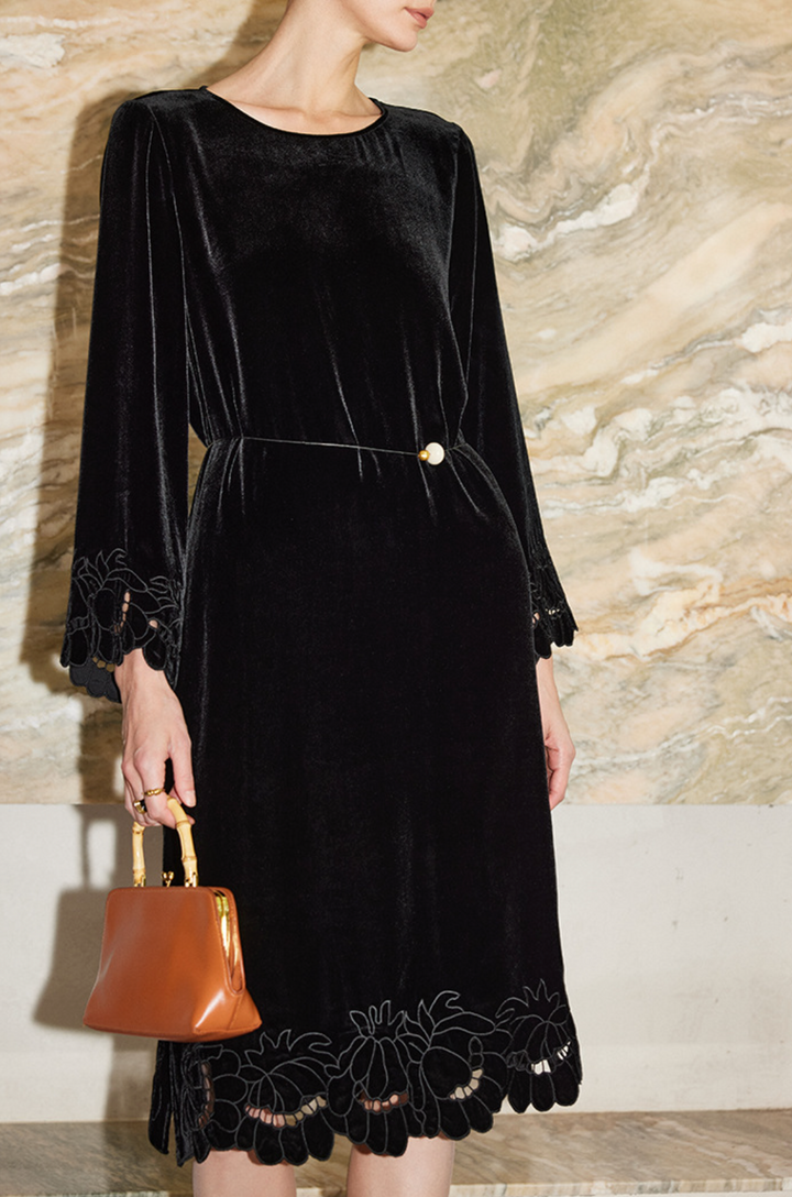 Velvet Midi Dress with Embroidered Hem – GAMAL