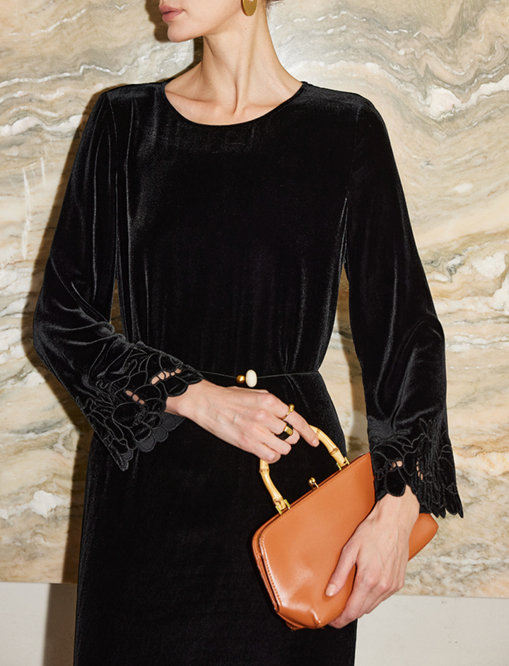 Velvet Midi Dress with Embroidered Hem – GAMAL