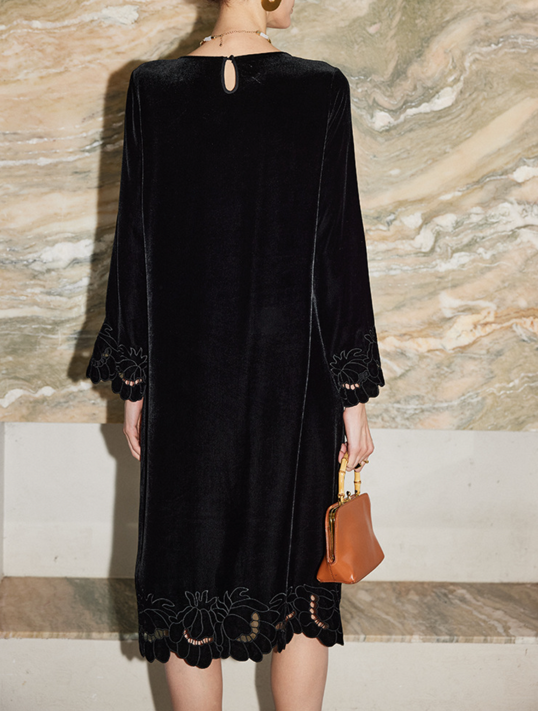 Velvet Midi Dress with Embroidered Hem – GAMAL