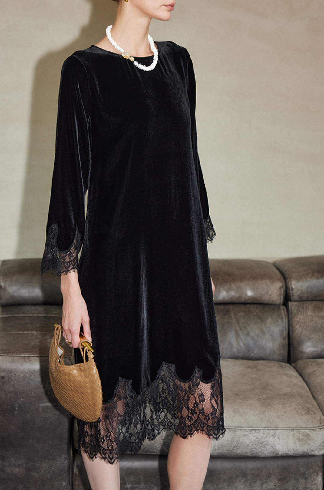 Velvet Midi Dress with Lace Trim – LACE